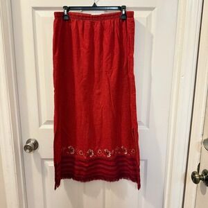 Drapers & Damons Red Linen Blend Embroidered Fringe Maxi Skirt XL Boho Lagenlook